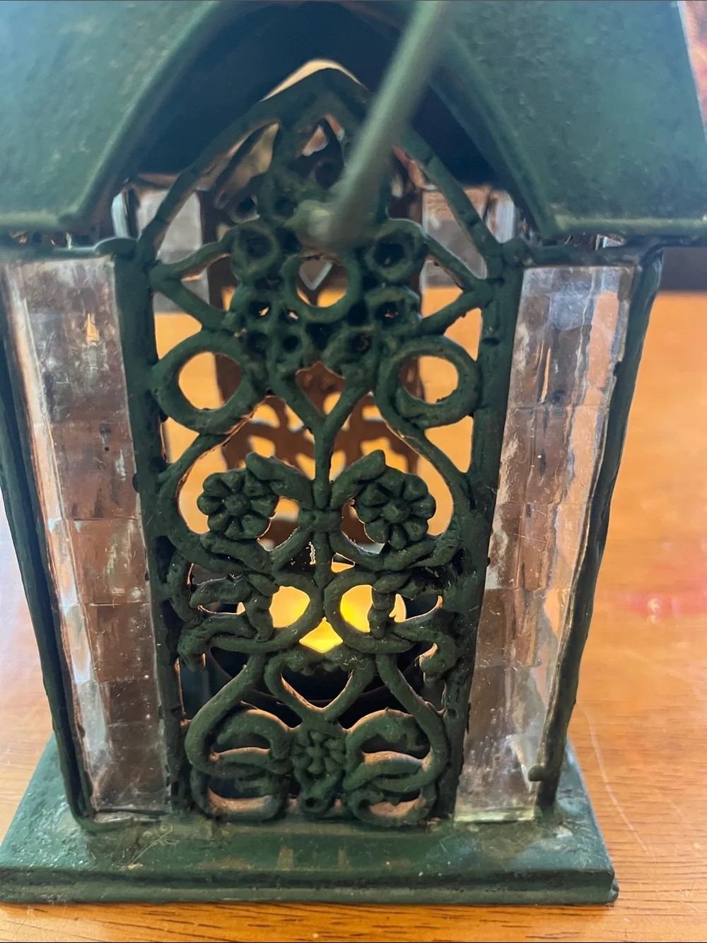 Green Decorative Metal and Glass Cathedral style tea light Lantern